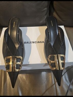 Balenciaga Black Patent Pointed Mules with Gold BB Hardware